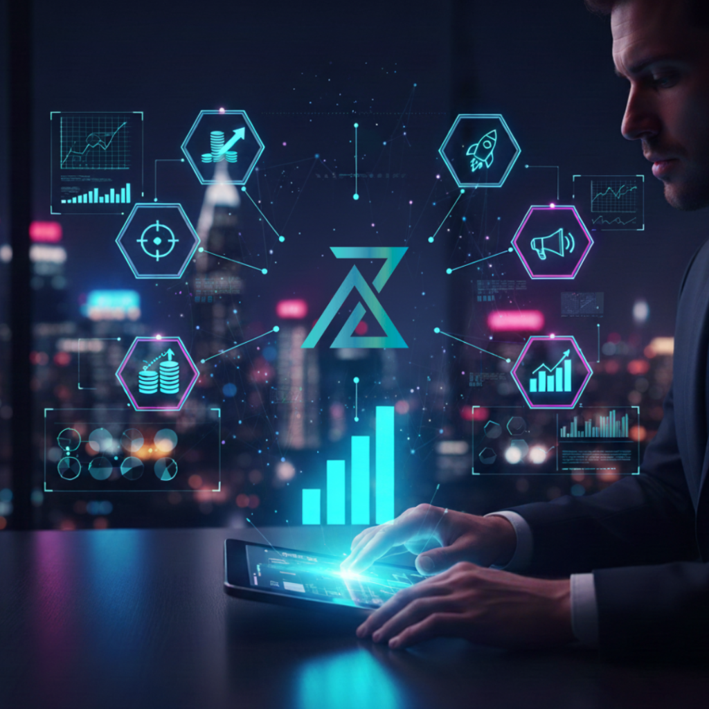 Un homme d'affaires utilise une tablette affichant des graphiques de croissance et des icônes de stratégie (cible, mégaphone, argent). L'image représente l'expertise d'AZ MAKE Group en gestion de trafic et contenu pour garantir un ciblage précis, un budget optimisé et des performances optimales dès le lancement de la campagne de prospection.