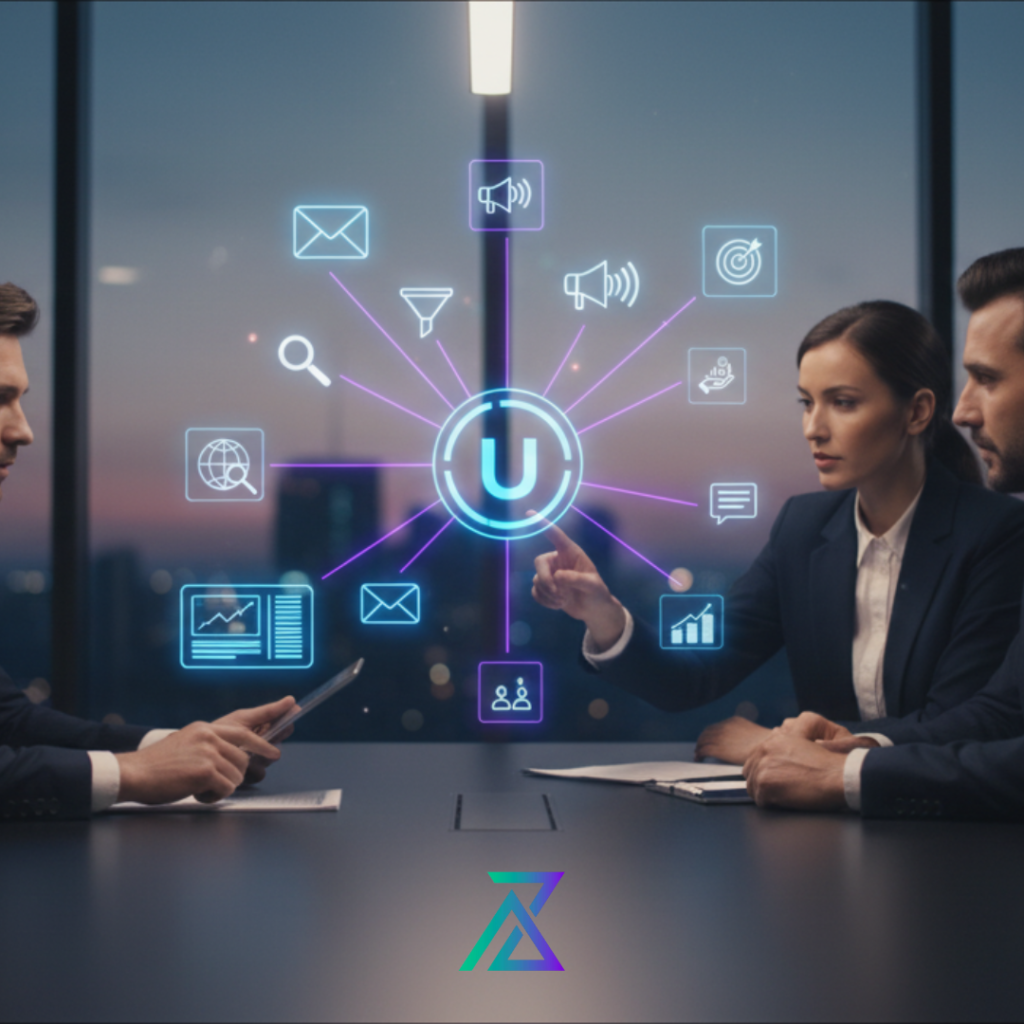 Une personne travaille sur un ordinateur portable, avec une interface numérique affichant le terme 'INBOUND MARKETING' et des icônes liées au contenu, à l'email et aux réseaux sociaux. Représente l'approche d'AZ MAKE Group pour l'Inbound Marketing, utilisant un blog et du contenu à forte valeur ajoutée pour attirer des visiteurs qualifiés, améliorer le référencement (SEO) et construire une image d'autorité.