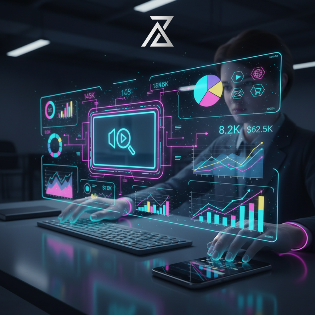 Une femme travaille sur un ordinateur portable avec un tableau de bord digital affichant des métriques de performance, des graphiques et des icônes d'e-commerce et de vidéo. L'image illustre le pilotage des campagnes digitales d'AZ MAKE Group, basé sur les données et l'optimisation continue pour maximiser la visibilité, l'engagement de l'audience et garantir des résultats concrets et mesurables.