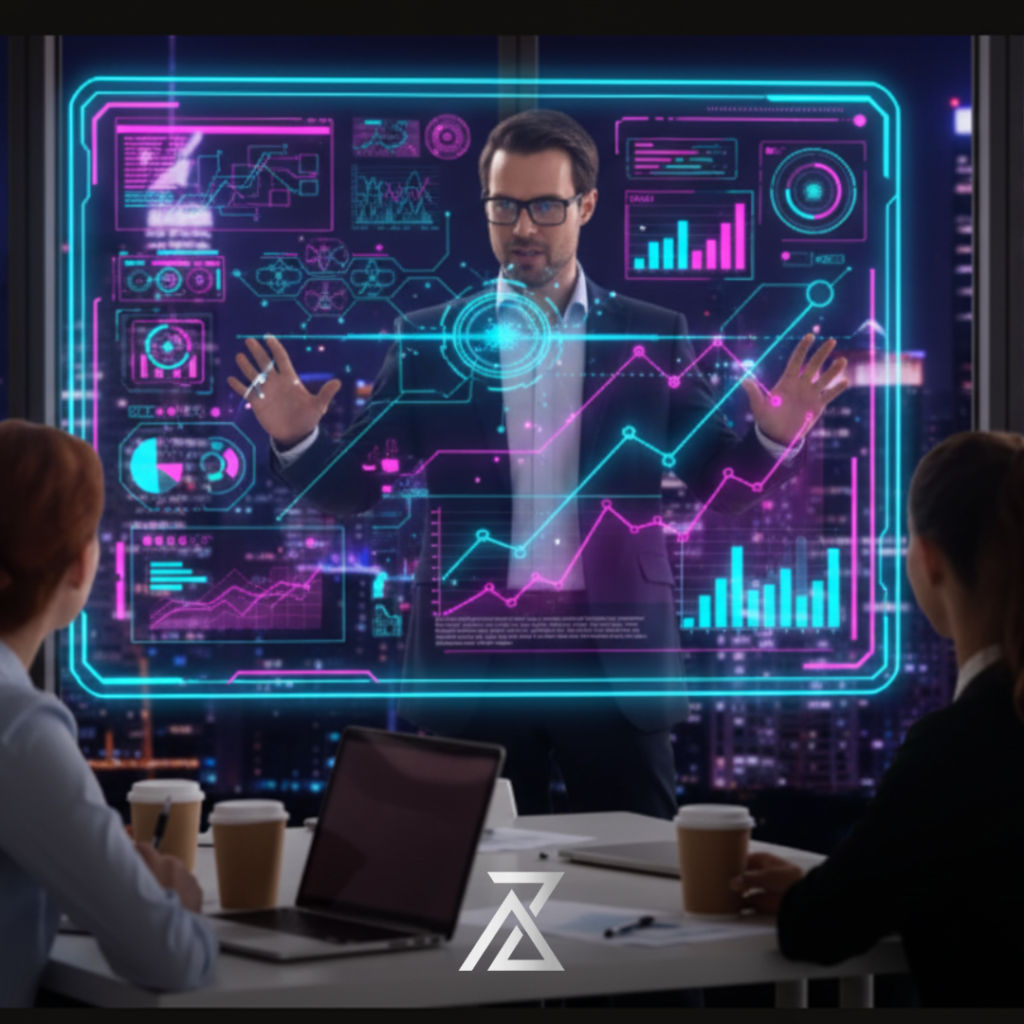 Un consultant en costume présente des graphiques de croissance et des données de performance sur un écran digital flottant devant deux collaboratrices. L'image illustre l'expertise d'AZ MAKE Group en conseil et stratégie digitale, visant à aligner les actions marketing sur les objectifs du marché pour maximiser la visibilité, l'engagement et stimuler la croissance durable.