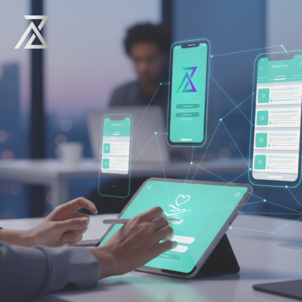 Une femme utilise une tablette tactile pour concevoir ou interagir avec des maquettes d'applications mobiles affichées sur des smartphones. Représente l'expertise d'AZ MAKE Group dans la création d'applications mobiles natives Android et iOS, en mettant l'accent sur l'expérience utilisateur fluide, le design personnalisé et la connexion client, en lien avec les solutions SaaS et les sites web.