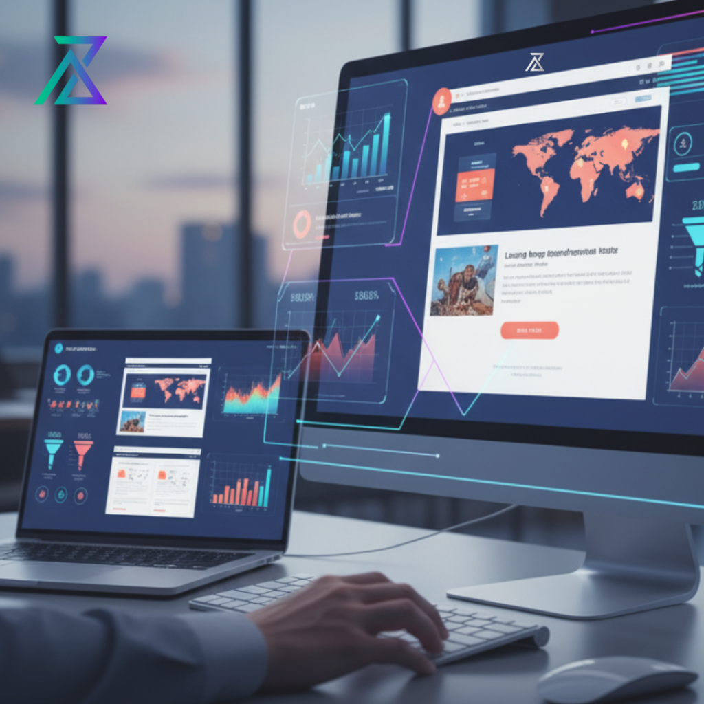 Un professionnel analyse un tableau de bord digital sur un moniteur d'ordinateur, affichant des graphiques de performance, une carte du monde et des entonnoirs de conversion (funnels). Représente l'expertise d'AZ MAKE Group dans l'optimisation du Retour sur Investissement (ROI) des campagnes publicitaires via la création et l'A/B Testing de landing pages pour la génération de leads qualifiés.