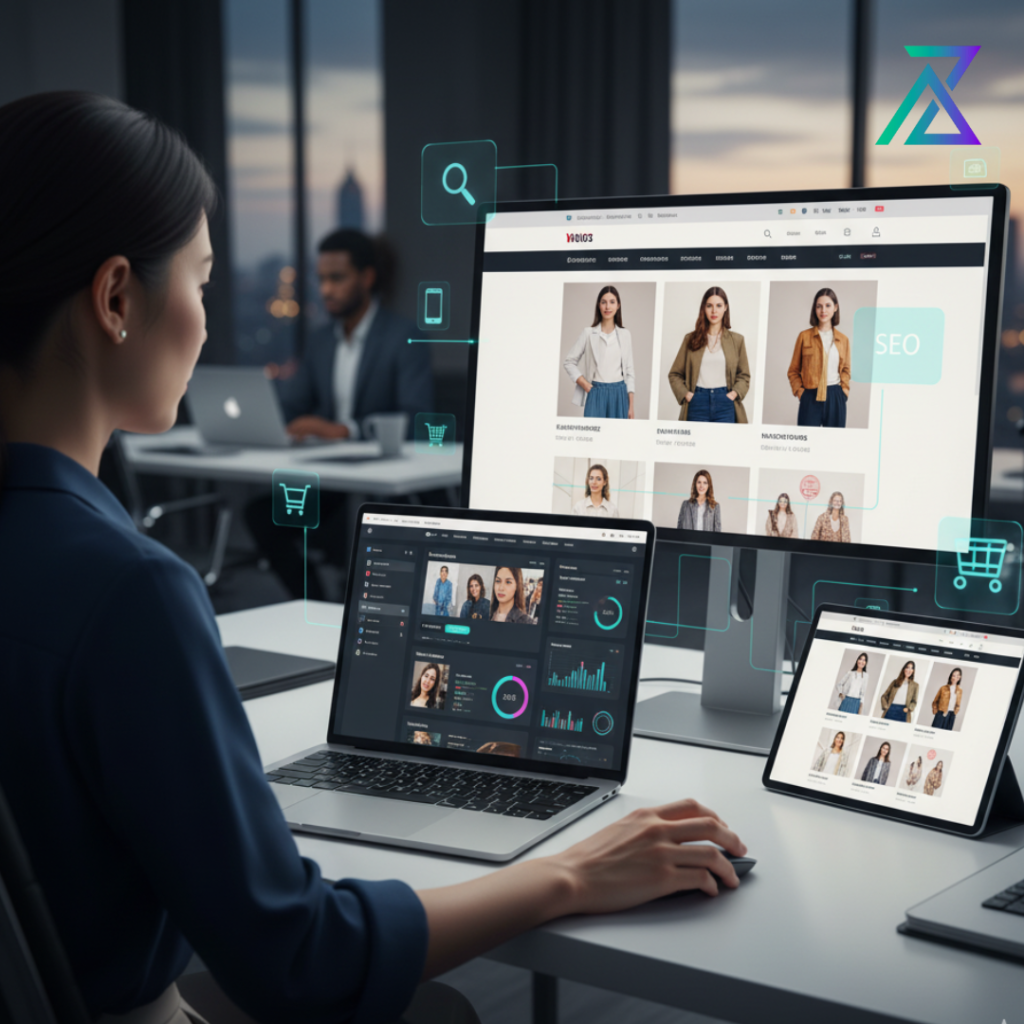 Une professionnelle gère et optimise une boutique en ligne affichée sur son ordinateur, avec des icônes de SEO, de panier d'achat et d'analyse de données. Représente l'expertise d'AZ MAKE Group en développement de sites e-commerce performants, incluant l'intégration de catalogue, la gestion des promotions et l'optimisation SEO pour maximiser les ventes et la croissance.