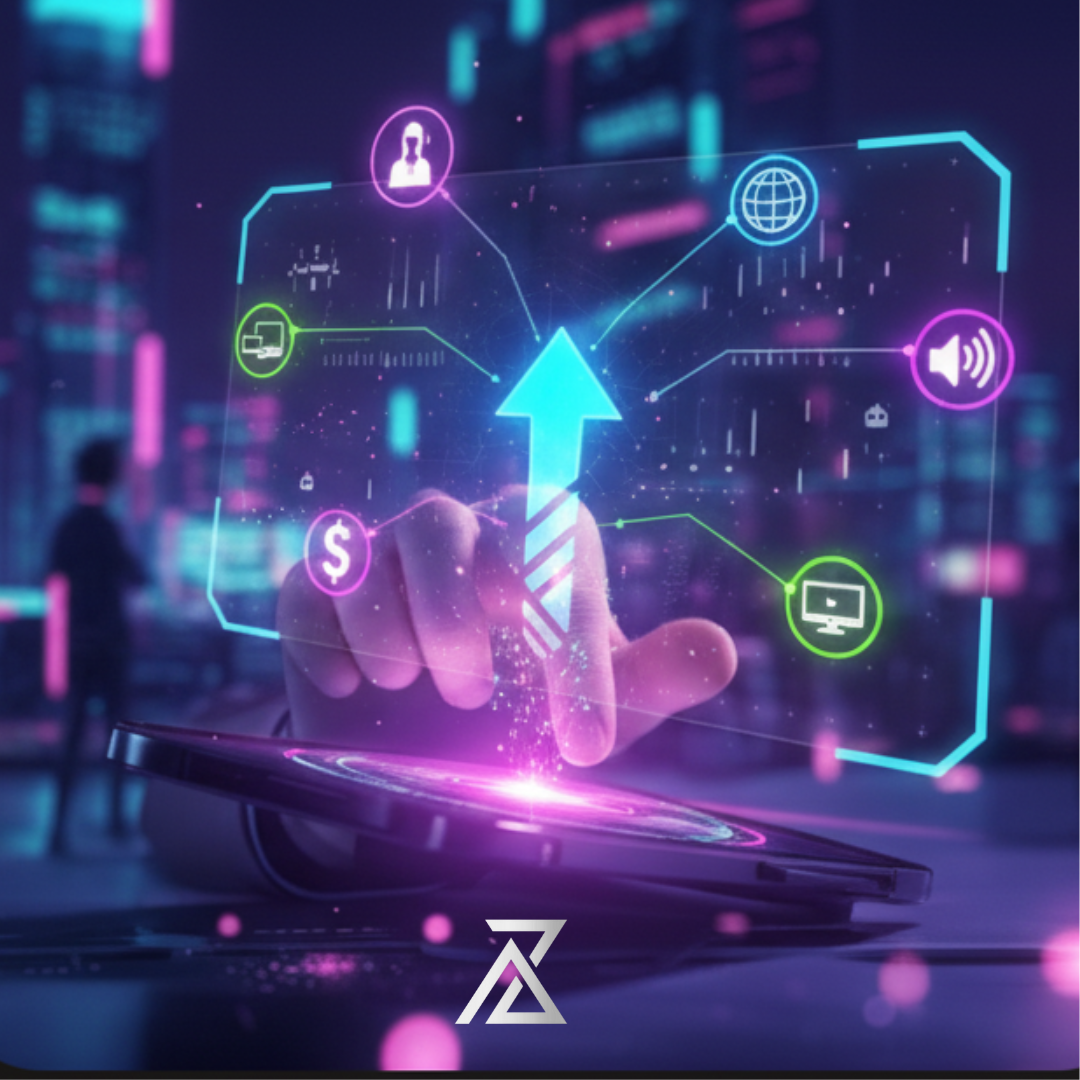 Une main interagit avec un panneau digital transparent affichant une flèche de croissance, des icônes de leads, de médias sociaux, et d'e-commerce. L'image représente la mise en place d'une configuration sur mesure pour des campagnes digitales omnicanales, intégrant un tracking avancé pour synchroniser les canaux, optimiser les conversions et générer des leads qualifiés.