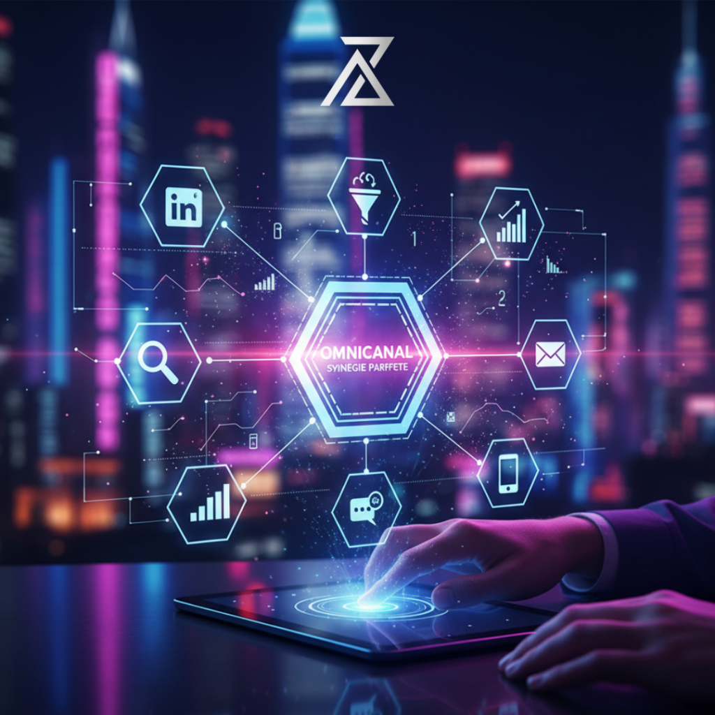 Une main interagit avec une interface digitale affichant le mot 'OMNICANAL' et des icônes de LinkedIn, recherche et analyse, sur fond de ville nocturne. L'image représente la stratégie d'AZ MAKE Group pour la génération de leads qualifiés, via une configuration omnicanale sur des canaux comme Facebook, LinkedIn et Google, avec un tracking en temps réel pour un impact maximal.
