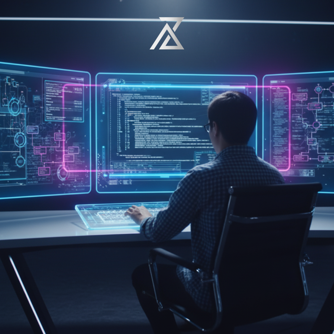 Un développeur travaille sur trois écrans lumineux affichant du code et des diagrammes de flux technique. L'image illustre l'expertise d'AZ MAKE Group en conception et développement de sites web, d'applications sur mesure et de solutions SaaS, utilisant des technologies de pointe pour garantir une expérience utilisateur fluide et performante.