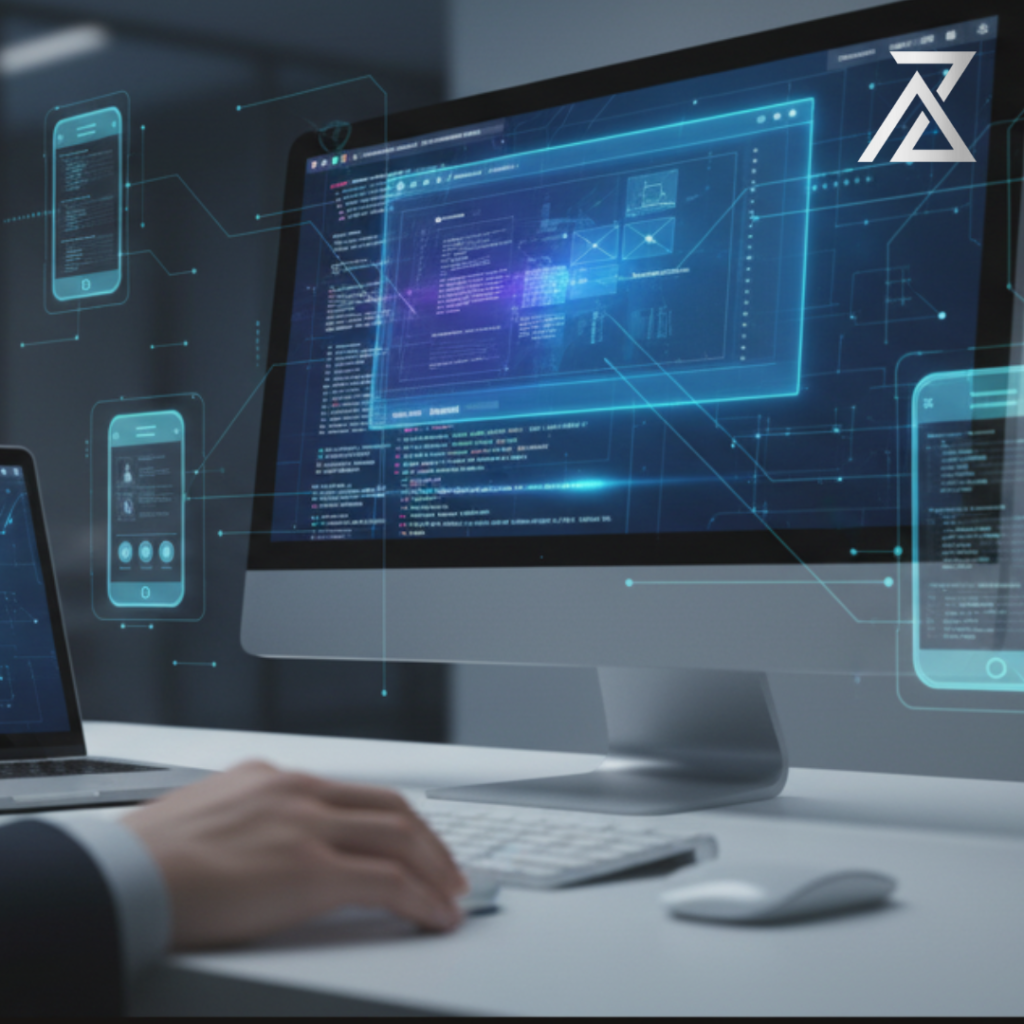 Un développeur travaille sur un ordinateur portable et un grand écran d'ordinateur, affichant du code et des maquettes d'applications mobiles. Représente l'expertise d'AZ MAKE Group dans la création de sites web performants, d'applications mobiles natives et de solutions SaaS, utilisant les dernières technologies et les meilleures pratiques en UX design.