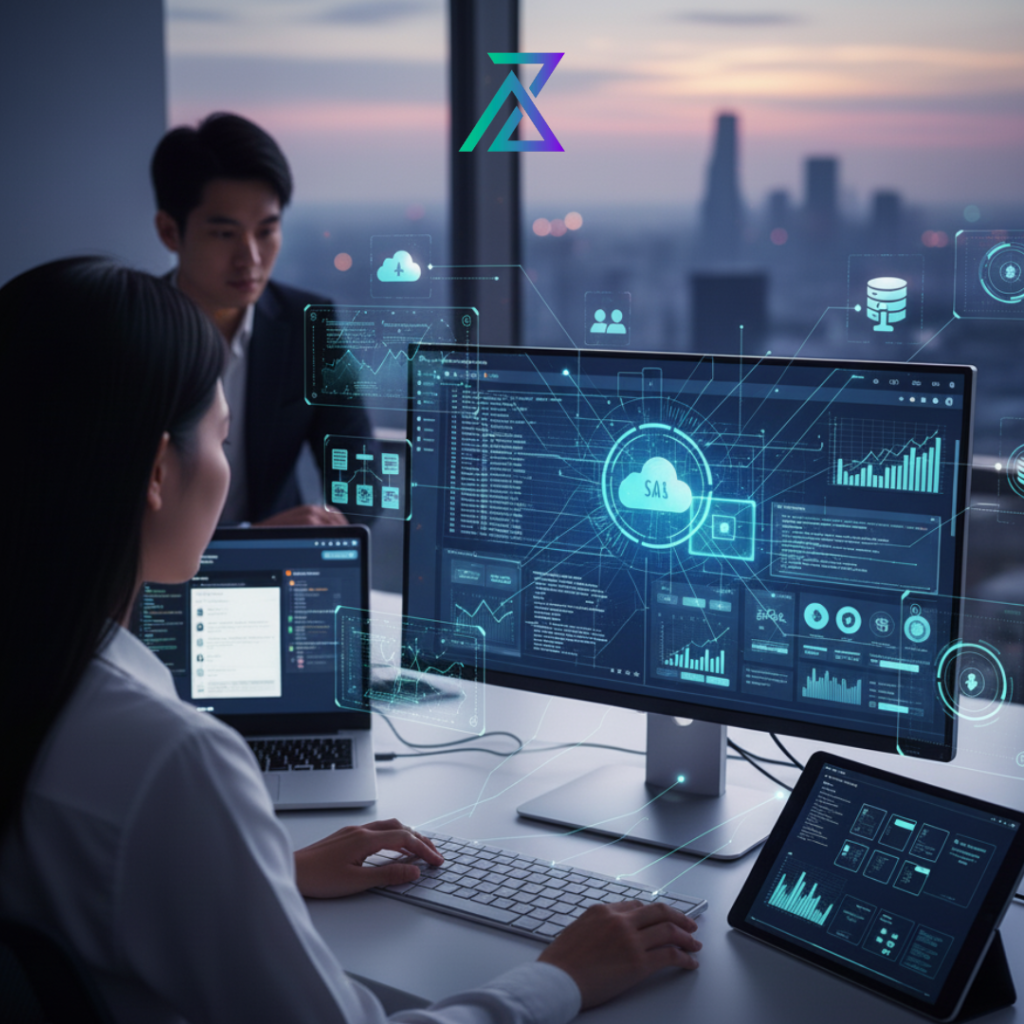 Une équipe travaille sur des ordinateurs de bureau et des tablettes, avec un grand écran affichant des données et le mot "SaaS". Représente l'expertise d'AZ MAKE Group dans la conception de solutions SaaS sur-mesure (plateformes B2B, outils de gestion) en utilisant les meilleurs frameworks, garantissant évolutivité, performance et sécurité.