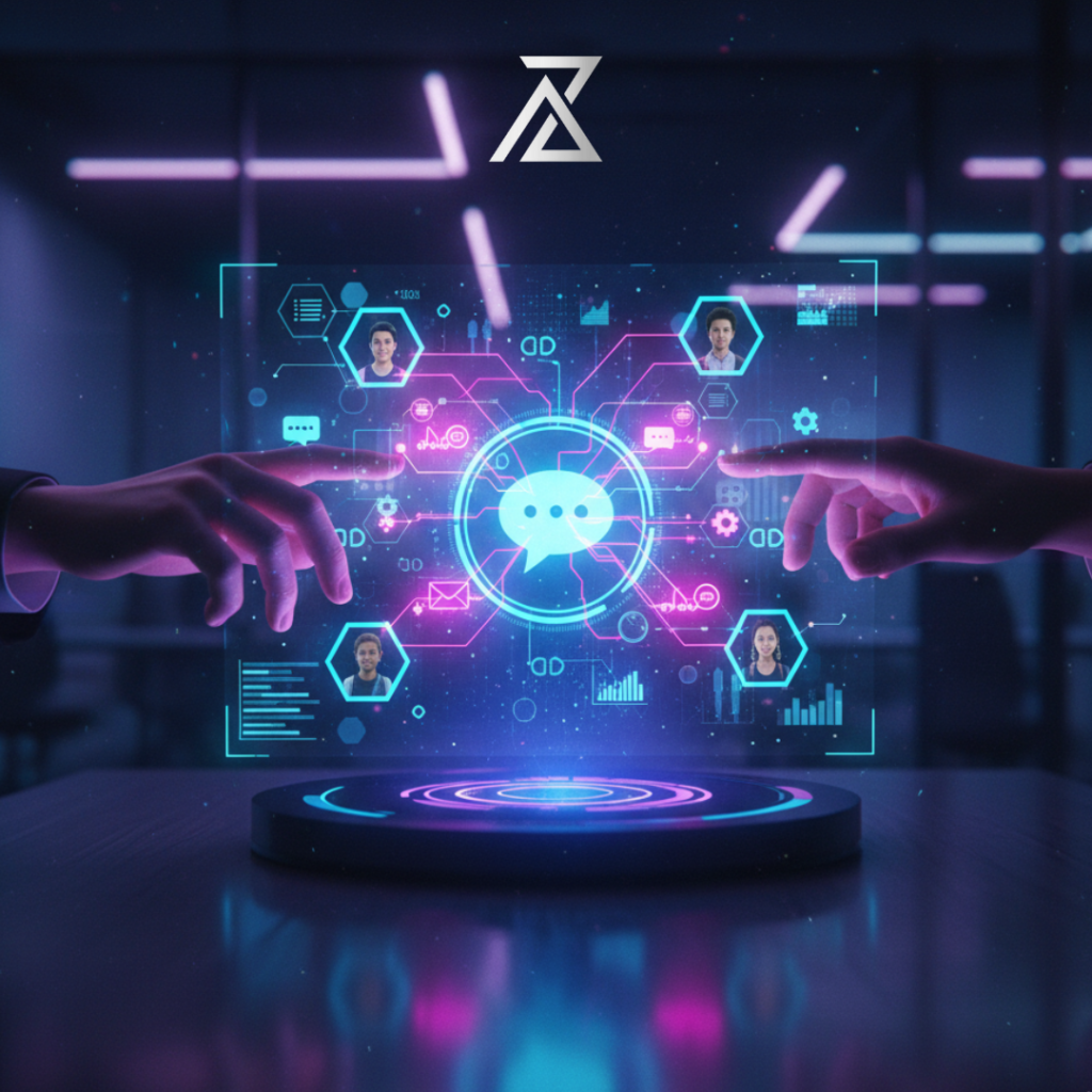 Une main interagit avec un panneau digital qui affiche un graphique de croissance et des icônes liées à la vente, aux clients, à l'email et à l'analyse de données (funnel de conversion). Représente l'approche stratégique d'AZ MAKE Group pour transformer les prospects qualifiés en clients finaux, grâce à des stratégies de remarketing, d'email marketing et de segmentation d'audience.