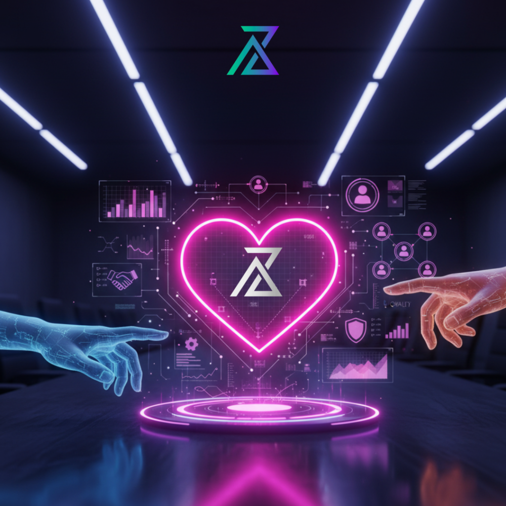 Des mains digitales se tendent l'une vers l'autre au-dessus d'une table, un cœur numérique brillant en son centre. L'image symbolise la relation de confiance, la fidélisation client et la création d'une proximité durable pour transformer les clients en ambassadeurs de marque, via des tactiques de contenu branding et amicales.