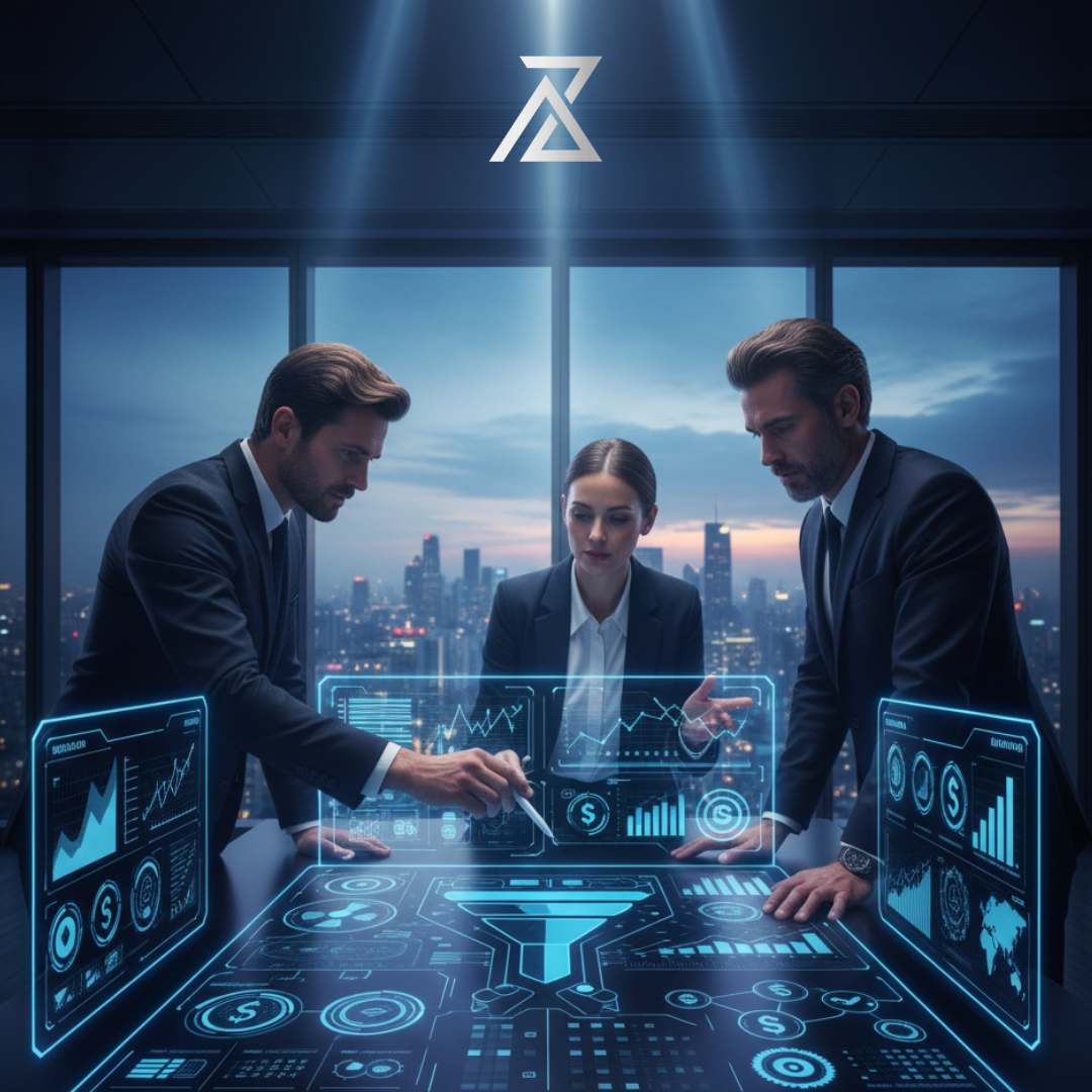 Trois experts B2B sont en réunion et analysent des données de performance et des funnels de conversion projetés sur une table. Représente l'approche stratégique d'AZ MAKE Group en Allbound Marketing, combinant prospection personnalisée, branding sur LinkedIn et actions ciblées pour transformer les prospects en clients fidèles et assurer une croissance commerciale durable.