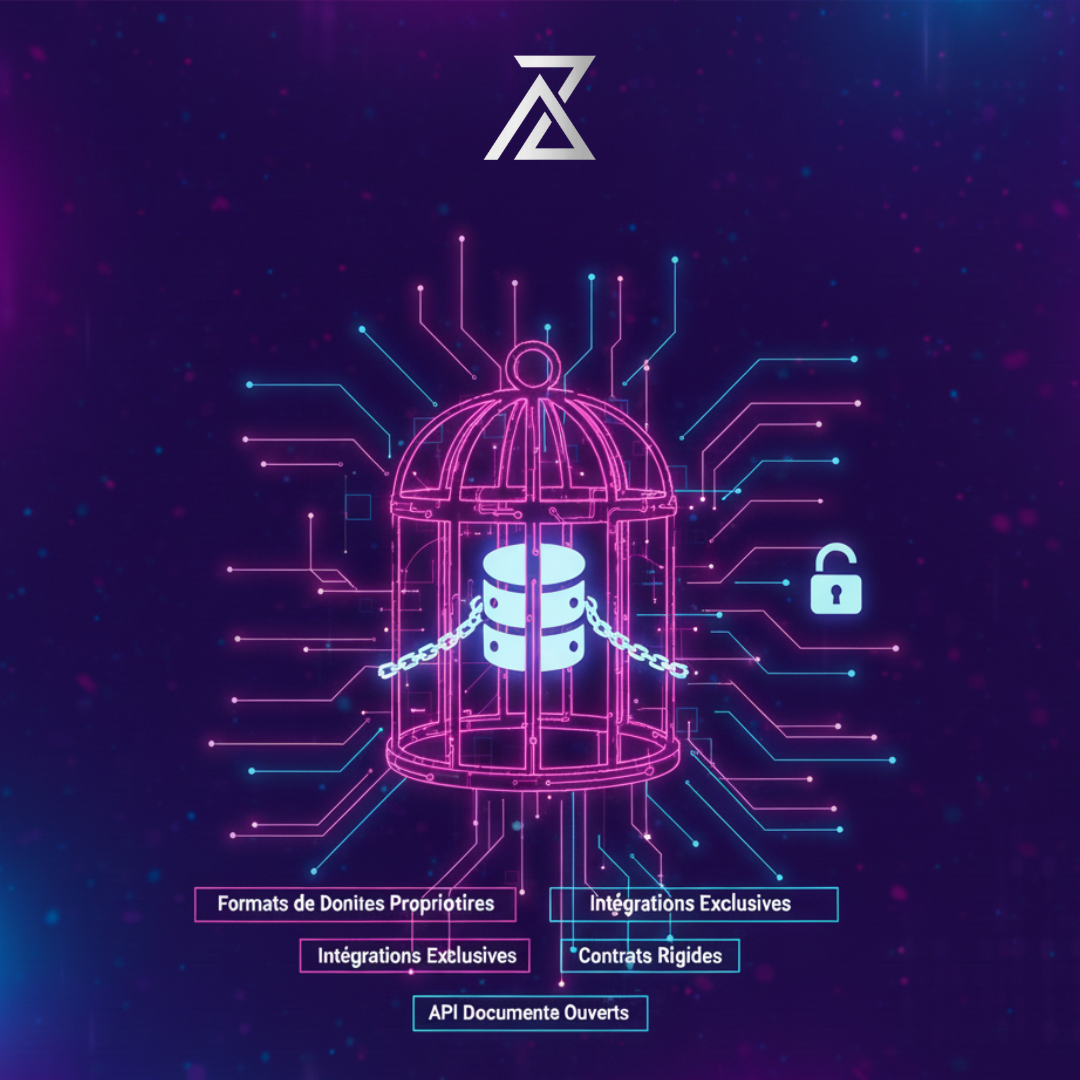 Concept visuel du SaaS vertical, montrant des icônes représentant différentes industries (santé, finance, construction) connectées dans un réseau numérique complexe.