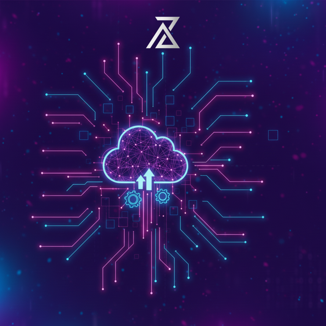 Illustration futuriste de l'écosystème Software as a Service (SaaS) avec des interfaces de données et des icônes cloud lumineuses sur un fond violet et bleu néon.