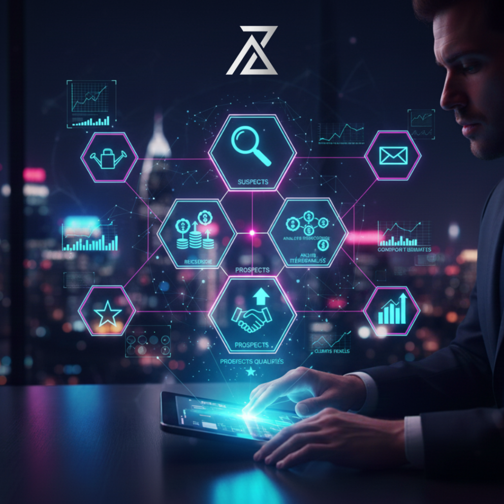 Un homme d'affaires interagit avec un tableau de bord numérique affichant le cycle de vie des leads (Suspects, Prospects, Clients Fidèles) et des icônes de nurturing et d'analyse. L'image illustre le processus de Lead Nurturing d'AZ MAKE Group, utilisant du contenu automatisé et un suivi stratégique pour maximiser la conversion des prospects qualifiés en clients fidèles.