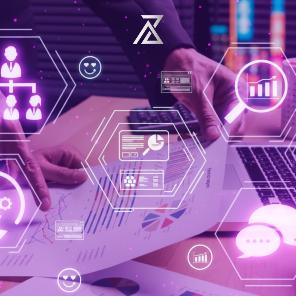 Des mains d'experts analysent des graphiques de performance, entourés d'icônes numériques représentant la gestion des leads, le remarketing et l'analyse des audiences. L'image illustre l'approche d'AZ MAKE Group pour le remarketing et l'optimisation en temps réel, utilisant un E-CRM pour le lead nurturing (e-mails automatisés, SMS) et maximiser le succès des campagnes digitales et la conversion.