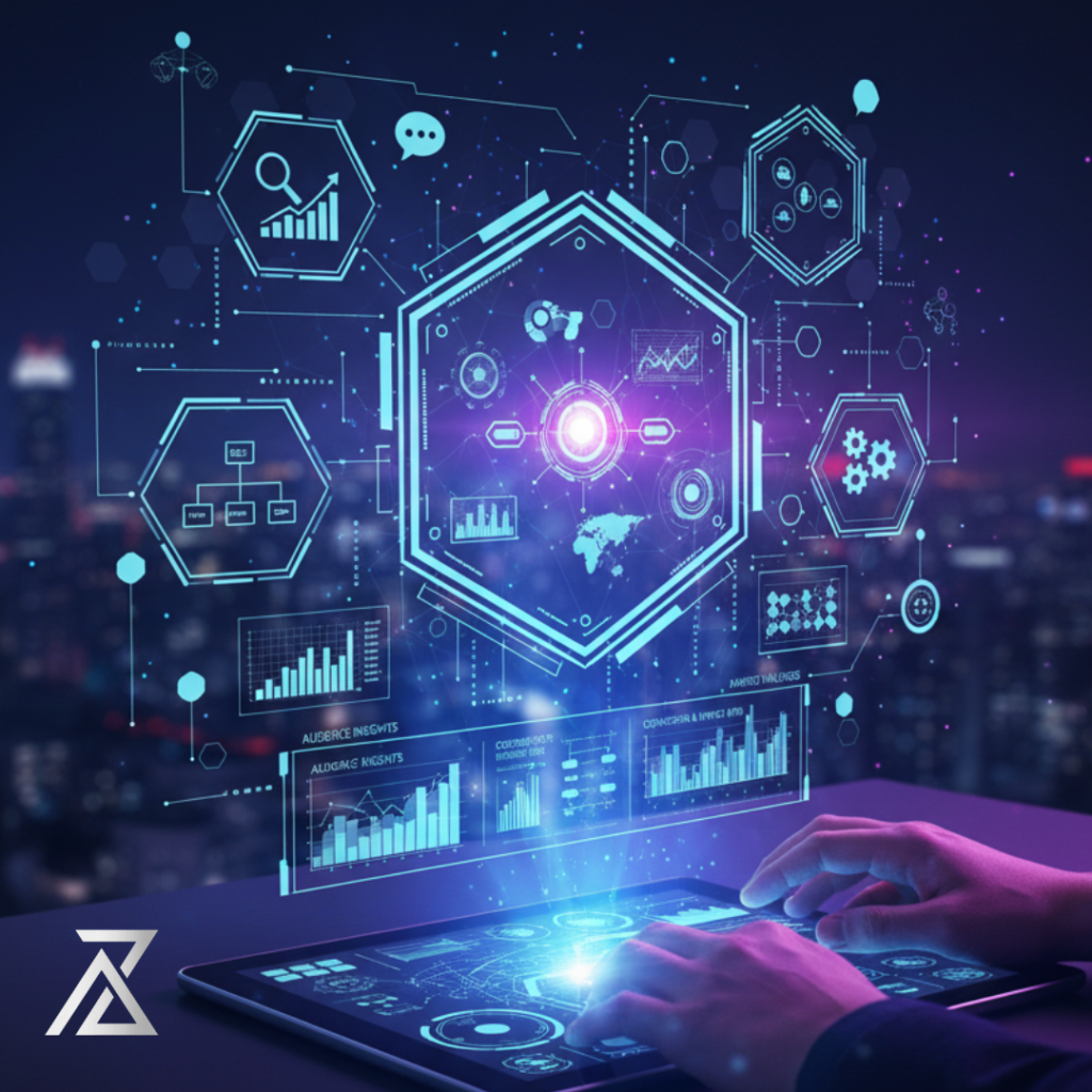 Une personne interagit avec un tableau de bord numérique avancé affichant des données de reporting, des KPIs de conversion, et une carte du monde. L'image représente l'approche d'AZ MAKE Group pour le reporting précis, fournissant des insights pertinents sur l'audience et le marché pour orienter les décisions stratégiques et optimiser le positionnement.