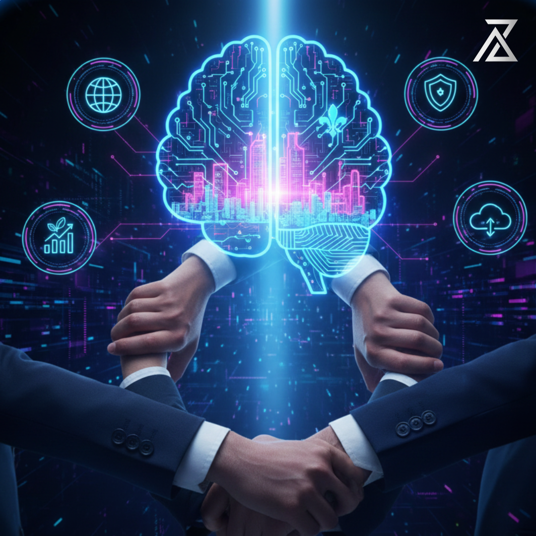 Illustration de collaboration humaine et intelligence artificielle, avec des mains jointes autour d'un cerveau numérique lumineux intégré à une ville technologique, entouré d'icônes de réseau, de croissance, de sécurité des données et de cloud, symbolisant les solutions numériques stratégiques d'AZ MAKE Group.