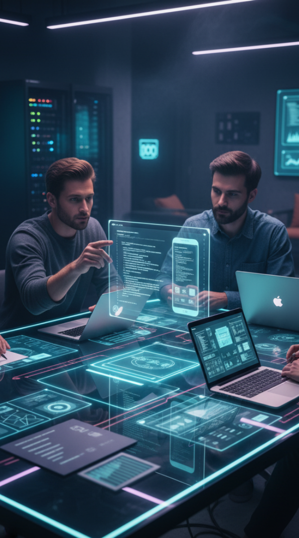 Équipe d'experts en agence digitale AZ MAKE Group collaborant sur le développement de solutions SaaS, applications mobiles et sites web lors d'une réunion stratégique.